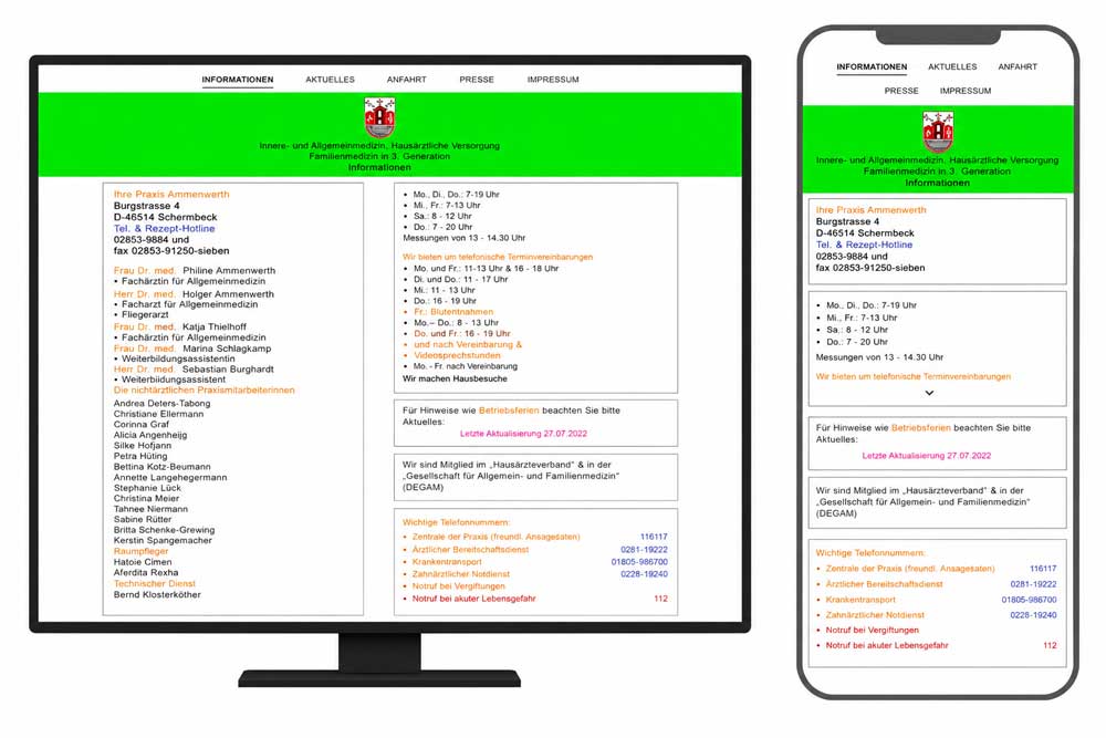 Alte Website der Hausarztpraxis im Desktop- und Smartphone-Mockup vor dem Website-Relaunch.